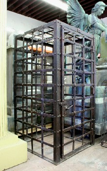 Cage, Iron , OLD STYLE MEDIEVAL LOOK, HUMAN SIZED, RECTANGULAR, HINGED DOOR, METAL BANDS, BOTTOMLESS, IRON, BLACK