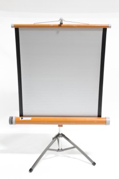 Stand, Miscellaneous, VINTAGE PROJECTOR SCREEN, FOLDING, ADJUSTABLE HEIGHT, 28" WIDE, 20x20" BASE, METAL, ORANGE