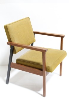 Chair, Client, TEXTURED GOLD COLOURED CUSHION SEAT & BACK, BROWN WOOD FRAME W/BLACK BACK LEGS , WOOD, BROWN
