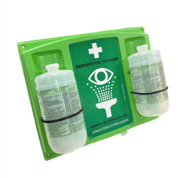 Medical, Station, EMERGENCY EYE / FACE WASH, TWO BOTTLES ATTACHED, DARK GREEN LABEL WITH BLACK & WHITE WRITING AND GRAPHICS, PLASTIC, GREEN