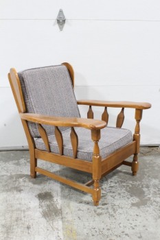 Chair, Armchair, MAPLE, WOOD WING BACK, ARMS & FRAME, TEXTURED GREY & BLUE UPHOLSTERY, WOOD, BROWN