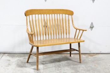 Bench, Slat Back, ROUNDED HIGH BACK & ARMS, SOLID WOOD , WOOD, BROWN