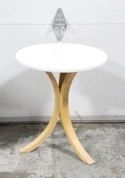 Table, Side, OCCASIONAL TABLE, 3 JOINED BENTWOOD LEGS, ROUND PLAIN 18" DIAMETER WHITE TOP, WOOD, WHITE