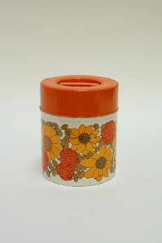 Housewares, Canister, CYLINDRICAL W/ORANGE LID,YELLOW/ORANGE & BROWN FLOWERS, METAL, MULTI-COLORED