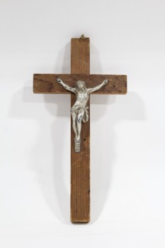 Religious, Crucifix, SILVER JESUS, WALLMOUNT, WOOD, BROWN