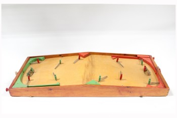 Game, Misc, 1950s VINTAGE TABLETOP HOCKEY GAME, MOVING GREEN & RED WOODEN PEG PLAYERS, MESH NETS, NO BALL / PUCK, WOOD, BROWN