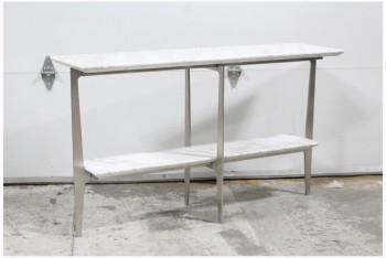 Table, Console, BRUSHED METAL FRAME, WHITE MARBLE TOP & SHELF, MARBLE, WHITE