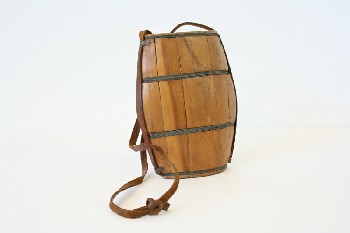 Drinkware, Canteen, BARREL SHAPED W/LEATHER STRAP, CLOSED ENDS (ONE W/HOLES), WOOD, BROWN
