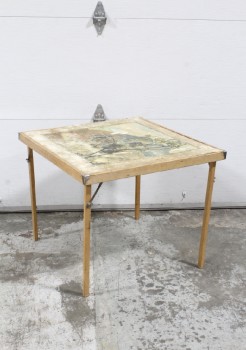 Table, Folding, MOUNTAIN SCENE ON TOP, SQUARE WOOD LEGS, VINTAGE, AGED, WOOD, OFFWHITE