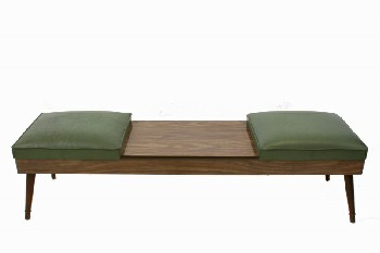 Bench, Seats, VINTAGE, 2 GREEN VINYL SEATS W/BROWN LAMINATE WOOD CENTRE TABLE SURFACE, WOOD, BROWN