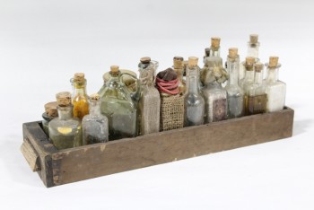 Decorative, Dressed Box, 24 OLD BOTTLES GLUED INTO SMALL WOOD  DRAWER, ASSORTED HEIGHTS & SIZES, WOOD, BROWN
