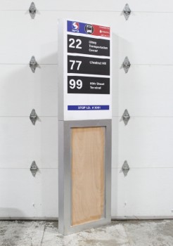 Sign, Bus/Train, FOR BUS STOP, SHOWS BUS NUMBER, SCHEDULE & BUS I.D. INFO, RECTANGULAR STAND, WOOD, GREY