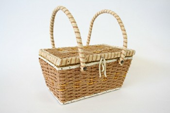 Sewing, Basket, VINTAGE, W/LID & HANDLES, WOVEN GOLD THREADS & FLOWERS, WICKER, BROWN