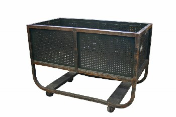 Cart, Metal, VINTAGE, INDUSTRIAL, POST OFFICE / MAIL CART, CURVED LOWER LEGS W/CROSS BARS, PERFORATED SIDES, ROLLING, AGED, METAL, GREEN
