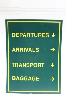 Sign, Airport, DEPARTURES / ARRIVALS / TRANSPORT / BAGGAGE, W/ARROWS, GREEN & YELLOW, PLASTIC, GREEN
