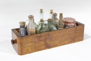 Decorative, Dressed Box, 10 OLD BOTTLES GLUED INTO SMALL WOOD  DRAWER, ASSORTED HEIGHTS & SIZES, WOOD, BROWN