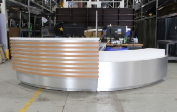 Counter, Misc, LOBBY/RECEPTION DESK, CURVED, 2 LEVELS, HIGHER LEVEL HAS HORIZONTAL SLATS, STAINLESS PANELS, 2 PCS, WOOD