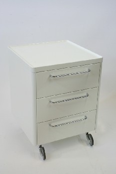 Table, Side, ITALIAN, LACQUER/GLOSS FINISH, LIPPED TOP W/3 DRAWERS & CHROME HANDLES, ROLLING , LACQUER, WHITE