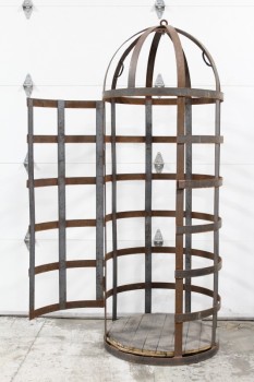 Cage, Iron , 7FT, METAL BAND CONSTRUCTION, ROUNDED TOP, HINGED DOOR, WOOD FLOOR, HUMAN SIZED, IRON, BLACK