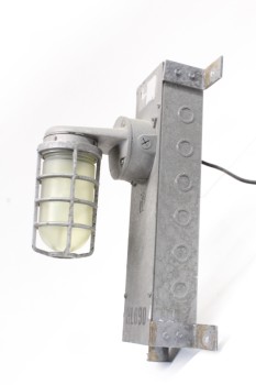 Lighting, Industrial, INDUSTRIAL,CAGED LIGHT ON RECTANGULAR WALLMOUNT BOX - Condition Not Identical On All, Some Not Wired (04/2019) , METAL, GREY