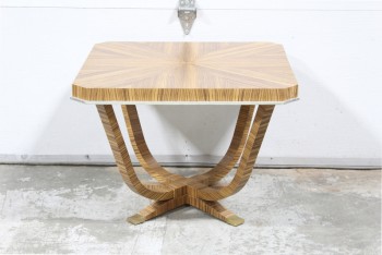Table, Side, CURVED CONNECTED LEGS W/BRASS CAPPED FEET, FRENCH ART DECO STYLE, ZEBRA WOOD VENEER, COCKTAIL / ST. HONORE TABLE, WOOD, BROWN