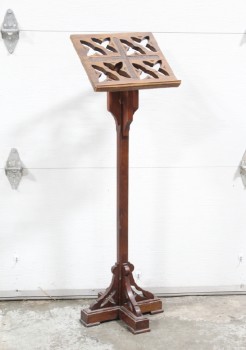 Podium, Slanted Top, ANTIQUE SPEAKER LECTERN, ANGLED BOOK OR BIBLE STAND (12x14"), CARVED CUTOUTS, "X" BASE, FOR BIBLE / CHURCH / CHAPEL OR SIMILAR, WOOD, BROWN