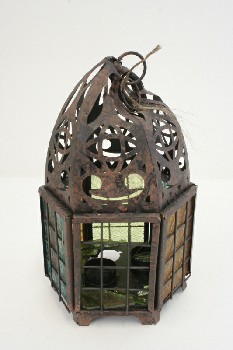 Candles, Lantern, POINTED TOP W/CUTOUTS,YELLOW GREEN & BLUE GLASS PANELS, METAL, RUST