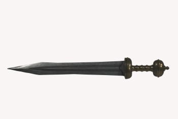 Weapon, Sword, ORNATE BRASS HANDLE W/ROUND END & FINGER GROOVES, SILVER BLADE W/LINES, METAL, SILVER