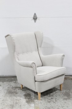 Chair, Armchair, HIGH WING BACK, 5 BUTTON TUFTED, HOME OR HOSPITAL WAITING AREA, LIGHT BROWN WOOD LEGS, LIGHT GREY, FABRIC, GREY