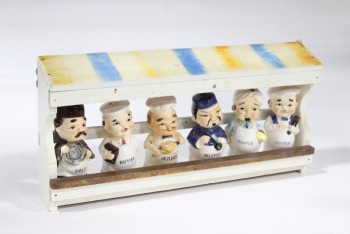 Rack, Spice, VINTAGE, WOOD RACK W/BLUE & YELLOW STRIPES, THE SPICE BOYS GLUED IN, FIGURES ARE 4.5