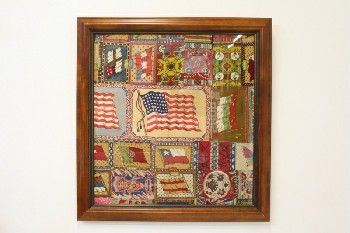 Wall Dec, Americana, CLEARABLE, STITCHED / PATCHWORK FABRIC W/FLAGS & PATTERNS, WOOD FRAME, FABRIC, MULTI-COLORED