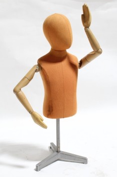 Store, Mannequin, CHILD / KID MANNEQUIN, ORANGE FABRIC BODY, 3 LEG STAND, MOVABLE ARMS & HEAD, FABRIC, ORANGE