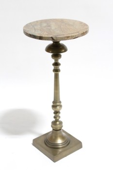 Table, Side, ROUND 12" MARBLE TOP, TURNED BRASS POST, SQUARE 8x8" BASE , MARBLE, BRASS