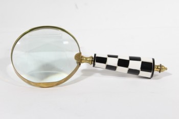 Science/Nature, Magnifier, HANDHELD MAGNIFYING GLASS,BRASS RING, BLACK & WHITE CHECKERED HANDLE, GLASS, BLACK
