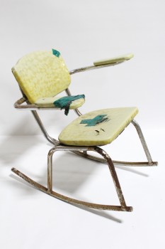 Chair, Rocking, VINTAGE, SMALL, YELLOW PATTERNED VINYL SEAT & PADDED ARMS W/GREEN TAPE, TUBULAR FRAME W/RUST, CURVED ROCKERS, DISTRESSED, CHROME, YELLOW