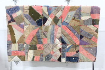 Bedding, Quilt, FRAGILE VINTAGE HANDMADE CRAZY QUILT, PATCHWORK, FLORAL PATTERN ON GREY ON FLIPSIDE, AGED, USED, FABRIC, MULTI-COLORED