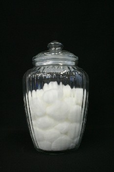 Vanity, Misc, JAR DRESSED W/COTTONBALLS, LID, SCALLOPED INTERIOR, GLASS, CLEAR