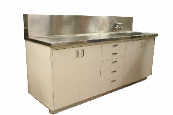 Counter, Misc, STAINLESS TOP W/BACKSPLASH & SINK/TAPS, 4 DOORS & 5 DRAWERS, ROLLING, WOOD, WHITE