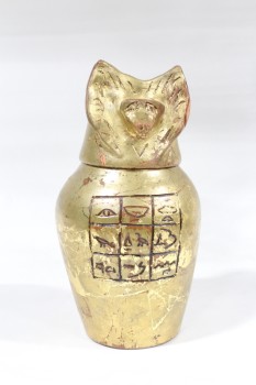 Vase, Urn, EGYPTIAN STYLE W/HIEROGLYPHICS, BAT-LIKE HEAD LID, LID CRACKED & CHIPPED, DISTRESSED, POTTERY, GOLD