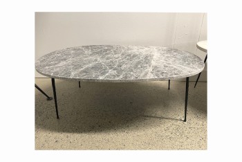 Table, Coffee Table, GREY W/WHITE VEINS OVAL MARBLE TOP, BLACK FORGED STEEL LEGS, 2 PCS., MARBLE, GREY