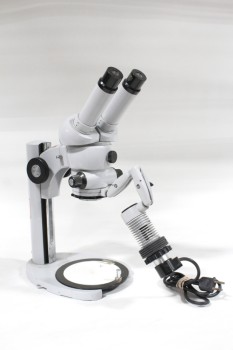 Science/Nature, Microscope, LAB, DOUBLE EYEPIECE, EXTENDING ARM, USED, METAL, GREY
