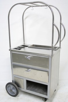 Cart, Vending , REFRESHMENT / COFFEE / SNACK CART W/4 SLOTS & 2 DRAWERS, ROUNDED TOP FRAME, ROLLING, STAINLESS STEEL, SILVER