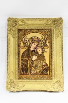 Art, Miscellaneous, CLEARABLE, RELIGIOUS, VIRGIN MARY & BABY JESUS, CUTOUT PRINT ON WOOD, ORNATE FRAME, WOOD, GOLD