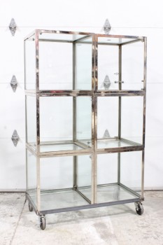 Shelf, Glass, 2X3 TRANSPARENT CUBE SHELVES, REFLECTIVE CHROME FRAME, BACKLESS, VERTICAL, ROLLING, CHROME, SILVER