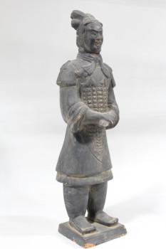Statuary, Misc, ANCIENT STYLE ASIAN WARRIOR FIGURE, STANDING, AGED, TERRA COTTA, GREY