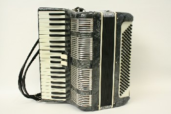 Music, Accordion, SILVER METAL ACCENTS, W/LEATHER STRAP, PLASTIC, GREY