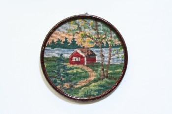 Wall Dec, Stitched, CLEARABLE, NEEDLEPOINT, RED CABIN BY WATER, ROUND WOOD FRAME, EMBROIDERY, MULTI-COLORED