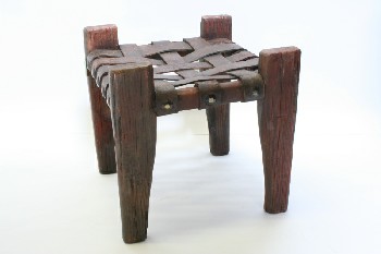 Stool, Square, LEATHER STRAP SEAT,WEAVE,BRASS STUDS,AGED, WOOD, BROWN