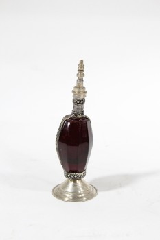 Vanity, Bottle, PERFUME BOTTLE, ORNATE METAL BANDS, ROUND BASE, POINTED SHAPE, GLASS, RED