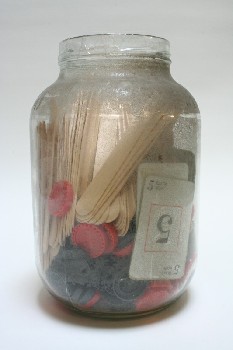 Decorative, Dressed Jar, FILLED W/FLAT STICKS/CARDS,AGED,TAPED TOP, GLASS, MULTI-COLORED